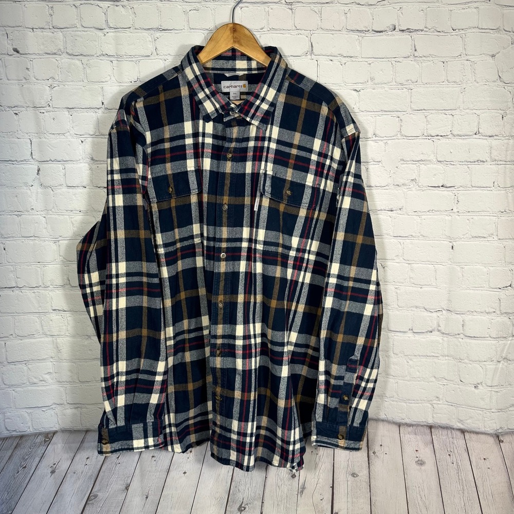 Carhartt Mens 2XL Plaid Flannel Shirt Navy Blue Original Fit Cotton 102216 412